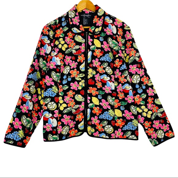 Y2K Funky Flower Fruit Printed Quilted Zip Up Boxy Grunge Picnic Festival Jacket - Picture 6 of 12